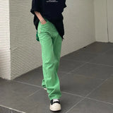 2021 Woman Straight Long Green Jeans High Waist Overlength Jeans Cotton Denim Pants Female Widel-leg Floor