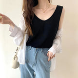 U-Collar Clavicle Loose Vest Women Wear Sleeveless T-Shirt In Summer 2023-Outfit