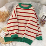 Women Sweater Striped Casual Loose Pullover O-Neck All-Match Knitted Top Jumper Fall Long Sleeve Chic Knit