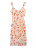 Sexy Small Flower Print Deep V neck Mesh Sling Dress Woman Ruched Package Hips Spaghetti Strap Mini Party Dresses Bodycon-Outfit