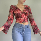 Vintage Fairy Grunge Crop Top Flare Sleeve Autumn Spring Female T-shirt Y2K Graphic Print Kawaii Tee Shirt Women