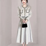 Lady Skirt Suit Elegant Fashion Office OL Tweed Long Sleeve Short Coat + High Waist Big Swing Midi Skirts 2-piece