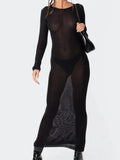 Sexy Women Summer Autumn Party Long Dress Solid Round Neck Long Sleeve Backless Knitted Dress Female Vestido Clubwear-Outfit
