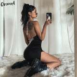summer 2021 split dress women sleeveless halter solid black sexy backless fashion chain streetwear dresses slim