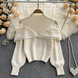 Fashion Off Shoulder Knit Pullover Stand Neck Korean Lantern Sleeve Design 2022 Autumn Retro Sweater Knitwear