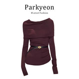 Temperament Hottie Purple Shoulder Knitted Shirt Girl Early Autumn Chic T-Shirt Long-Sleeved