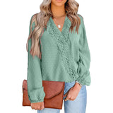 Blouses For Women Fashion Lace Patchwork V Neck Long Sleeve Office Work Shirts Tops Lady Oversized Casual Chiffon
