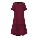 Dress Holiday Summer ZANZEA Short Sleeve Sundress Solid Casual Kaftan Ruffles Loose Vestidos Pockets O-Neck Robe