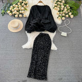 Suit Female Temperament Lantern Long Sleeve V Collar Lotus Leaf Swing Bright Shirt Female High-Waist Lysic Half