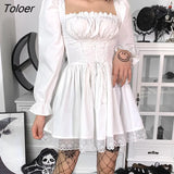 Goth Bandage Harajuku White Lolita Kwaii Dresses Black Women Sexy Mini Dress Gothic Lace Puff Sleeves Bodycon