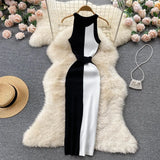 Bow Knitted Women Elegant Dress Summer 2022 O Neck Sleeveless Slim Office Lady Ladies A Line Splice