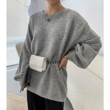 Blue Big Size Knitting Sweater Round Neck Long Lantern Sleeve Women Pullovers New Fashion Tide Autumn Winter 2022