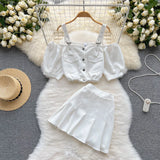 Strap Women Set Drawstring Summer 2022 Fashion Single Breasted Backless Tops+ Mini Skirt Korean Style Two Piece
