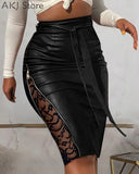 Women Lace Patchwork Zipper Detail Belted PU Leather