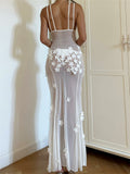 Flowers Long Dress for Women Sexy Sleeveless Strap Dress High Split Backless Mesh See Through Vestidos Party Clubwear-Outfit