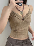 Lace Mini Vest Women Spaghetti Strap Khaki Crop Top Women Harajuku Basic Casual Sweats Vintage Chic Camis Summer-Outfit