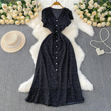 Red Dot V-Neck Women's Short-Sleeved Dress Summer Single Buckle Tie With Thin A-Word Mid-Long