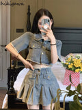 Skirts Outfits Vintage Denim Two Piece Set Women Short Sleeve Crop Tops High Waist Pleated Mini Skirt Suit Y2k