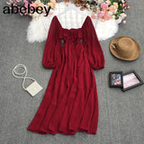 New Spring Temperament All-match Retro All-match Square collar puff sleeve Dress lace up ruffles