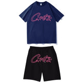 Devil Island Rose Red Letter Printed Short-Sleeved T-Shirt Casual Shorts Set For Men And Women-Outfit