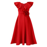Women's V-Necked Leaf-Side Three-Dimensional Flower Dress Evening Dress Party