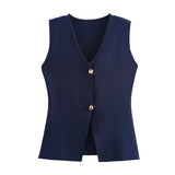 Summer Women's Solid Color Repair Gold Button Knitted Vest Blouse