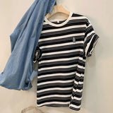 Striped Short-Sleeved Embroidered T-Shirt Women's Summer New Design Chic Loose Leisure All-Purpose Commuter Shirt-Outfit