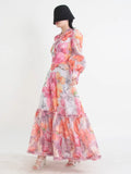 Printing Casual Long Dresses For Women V Neck Lantern Sleeve High Waist Patchwork Edible Tree Fungus Maxi Dress