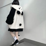 Autumn Winter Kawaii Hoodies Women Japanese Soft Girl Lambswool Cute Panda Ear Oversized Hoodie Preppy Style Button
