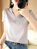 White Satin Top Short Sleeve Women Silk Blouses Vintage T Shirt Summer Solid Gray Satin Blouse Shirts For Women