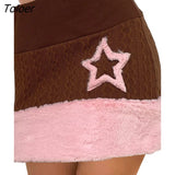 y2k Fur Hem Sweater Skirt Vintage Streetwear Low Waist Brown Mini Skirts Women Harajuku Sweethot Winter Clothes