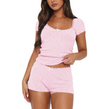 Women's Y2K Two Pieces Pajama Sets Lace Trim Bow Short Sleeve Square Neck T-shirt with Shorts Sleepwear Loungewear-Outfit