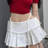 Color Waist Ribbon Design Feeling Pleated Skirt Girl Summer Sweet And Spicy Girl Style Low Waist Skirt Short Skirt-Outfit