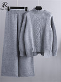 Winter Women Sweater Suits Thick Turtleneck Loose Sweater+ Wide Leg Long Pants Female Knitted Warm Two Pieces