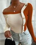 Stripe Women Sweater Sexy Slim Fit Stitching Button Long Sleeve Pullover Multicolor Crew Neck Knitwear Plus Size