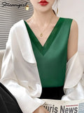 Summer Sleeveless Blouse Women 2022 Silk Tops Elegant Satin Tank Tops Green Women Summer Top Blouse Shirt