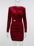Velvet Bodycon Mini Dress Ruched Sexy Hollow Out Shrug Waist Women Long Sleeve O Neck Red Dresses For Woman Fall