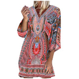 Print Woman Dress V-neck Beach Leisure Time On Vacation Long Sleeves Bohemian Dress Sukienka Damska Dress Women