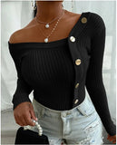Stripe Women Sweater Sexy Slim Fit Stitching Button Long Sleeve Pullover Multicolor Crew Neck Knitwear Plus Size