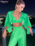 Sexy Green Pants Set Bodycon Long Sleeve Blazer + Bra 3 Piece Sets Womens Outfits Elegant Slim Hollow Out Trouser