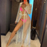 Sexy Summer Sunscreen Sheer Mesh Bikini Solid Color Backless High Slit Cover Up Metallic Beach Club Party Sleeveless