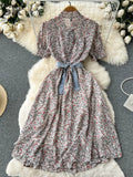 Female Patchwork Denim Dress Waist Sheath Ruff Sleeve Autumn Dress Women Fashion French Hepburn Long Floral