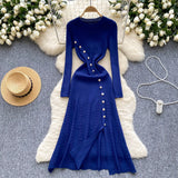 2025 French Elegant Temperament Metal Button Repair Waist Long Pit Knitted Dress