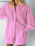 Summer White Elegant Jacquard Fabric Soft Vacation Suits Women Long Sleeves Shirts And Hot Pants Two Pieces