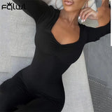 Fall Summer White Black Sexy Bodycon Jumpsuit Women V Neck Ruched Long Sleeve Winter One Piece Outfits 2021 Brown