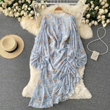 Autumn Bohemian Women Floral Drawstring Irregular Dress Female Elegant O-Neck Puff Sleeve Ruffle Vestidos Elegant Draped