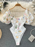 Women Lace Floral Print Bodysuits Short Sleeves Transparent Inside wear Rompers Ladies Backless Beach Sexy