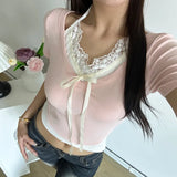 Sweet Spice Girl Lace Splicing Collision Color Fake Two Lace-Up Short-Sleeved T-Shirts Sweet Jackets For Women-Outfit