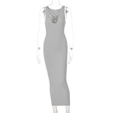 Summer Ribbed Knitted V Neck Black Long Dress Women Sleeveless Slim Party Club Elegant Female Bodycon Midi Dress Streetwear