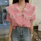 Party Sannian Women Shirt Double-layer Doll Collar Beaded Mesh Stitching Love Three-button Loose Short Shirt Tops Ladies